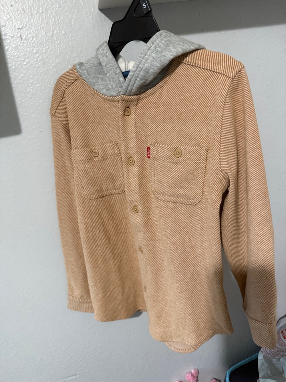 Levi's Tan Corduroy Button-Up Shirt with Grey Hood